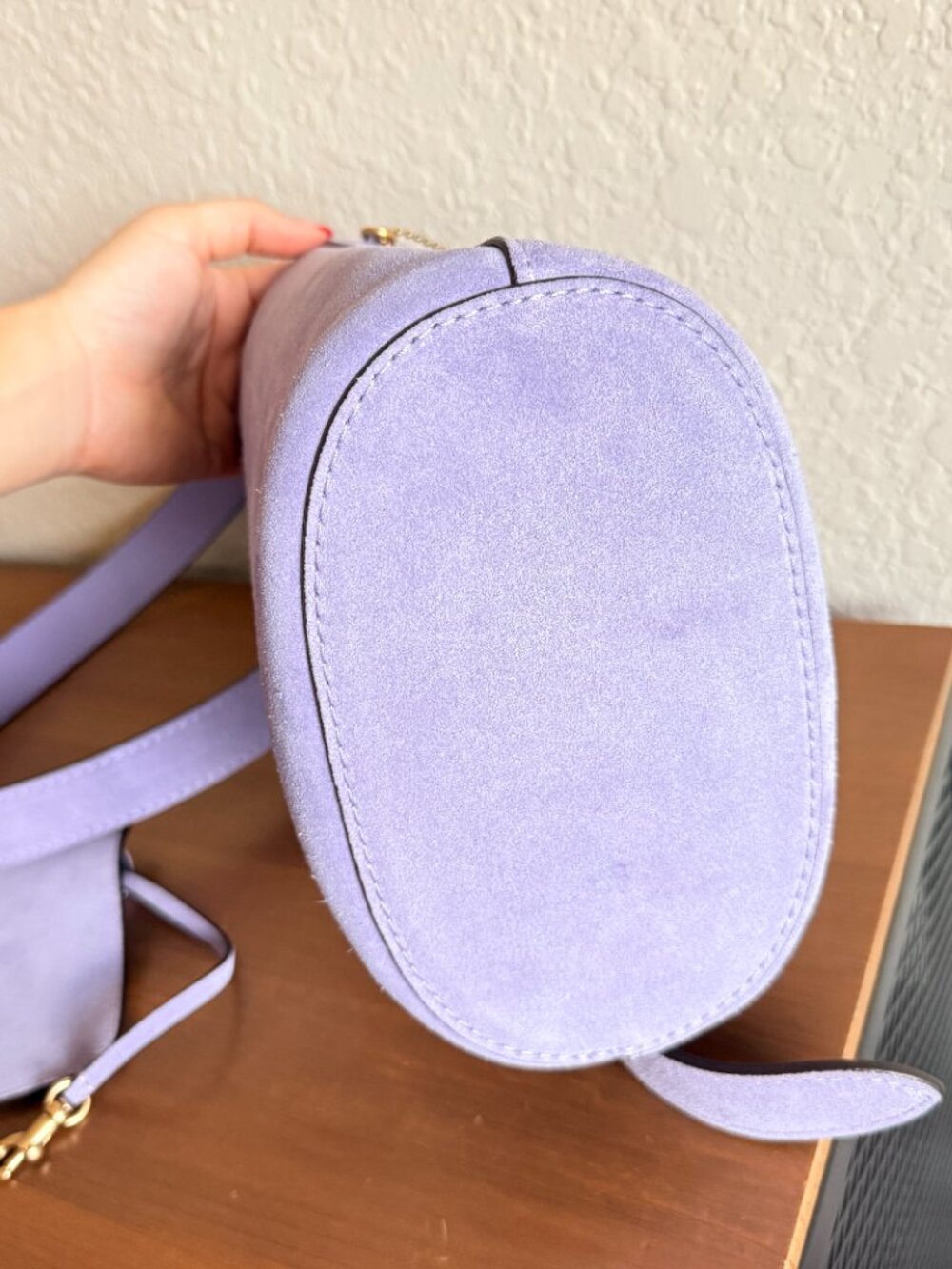 Coach Bleecker Bucket Bag 21 Violet Mist Suede Lavender Brass Removable Pouch - Picture 6 of 14